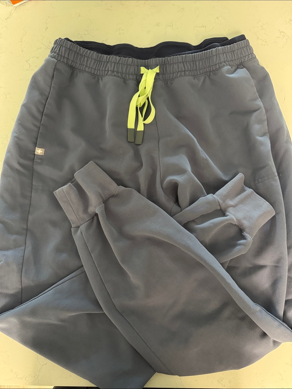 Figs blue Double Waistband with Neon Yellow Drawstring pants